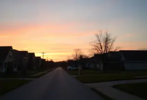 Suburban neighborhood in Indiana during sunset