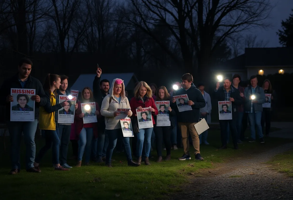 Community members searching for a missing person with flashlights