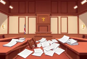 Illustration of a courtroom representing legal transparency