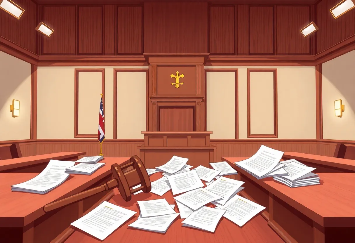 Illustration of a courtroom representing legal transparency