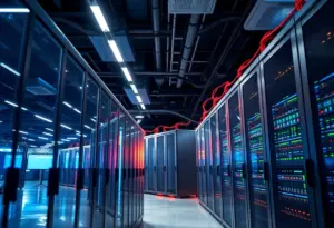 A high-tech data center featuring servers and advanced technology in an urban environment.