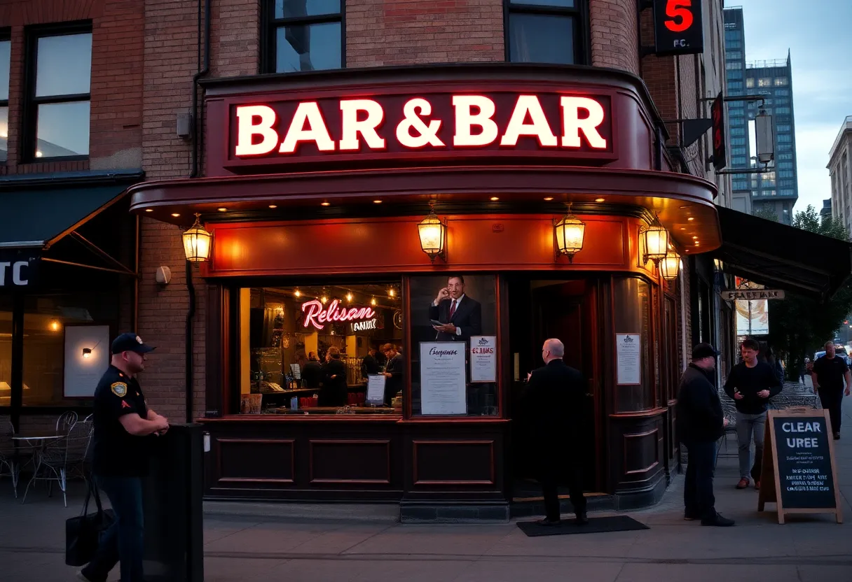 A busy downtown bar with security personnel outside, emphasizing safety measures.