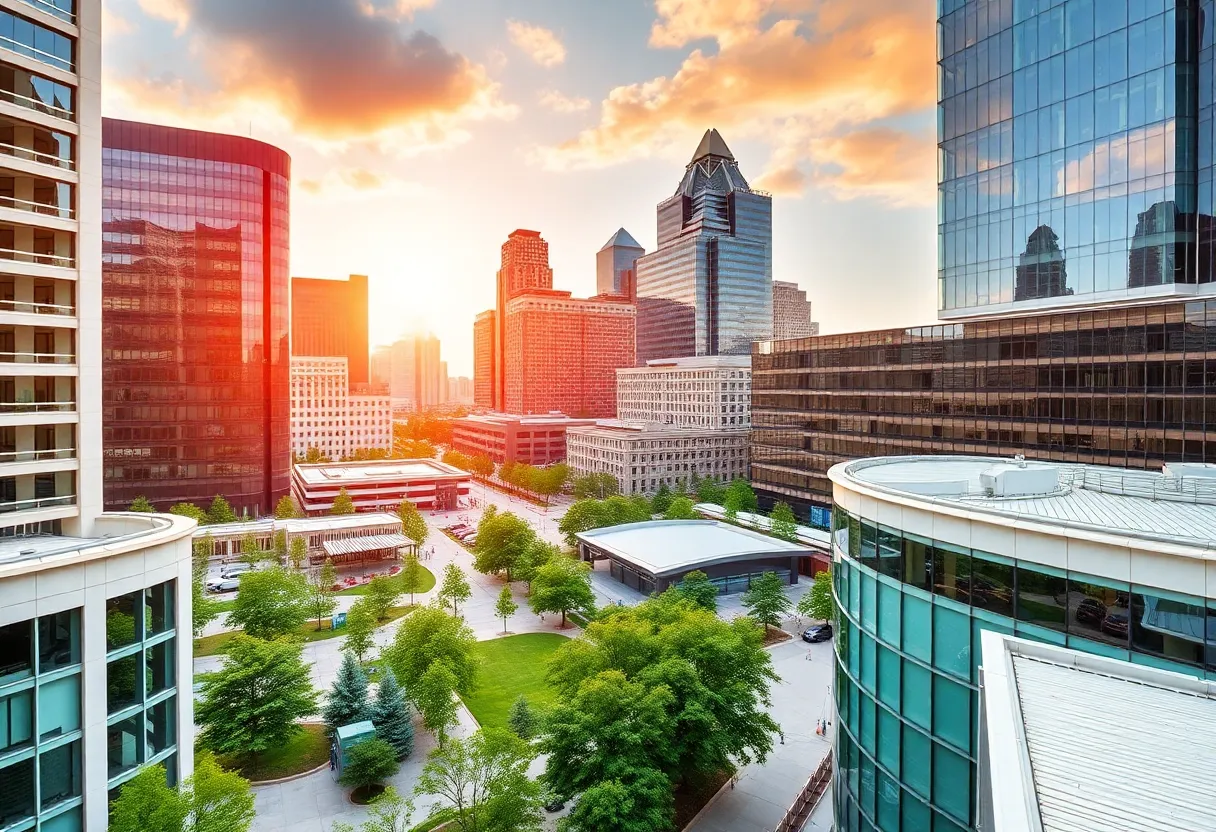 Aerial view of downtown Indianapolis with a focus on modern buildings and green spaces.