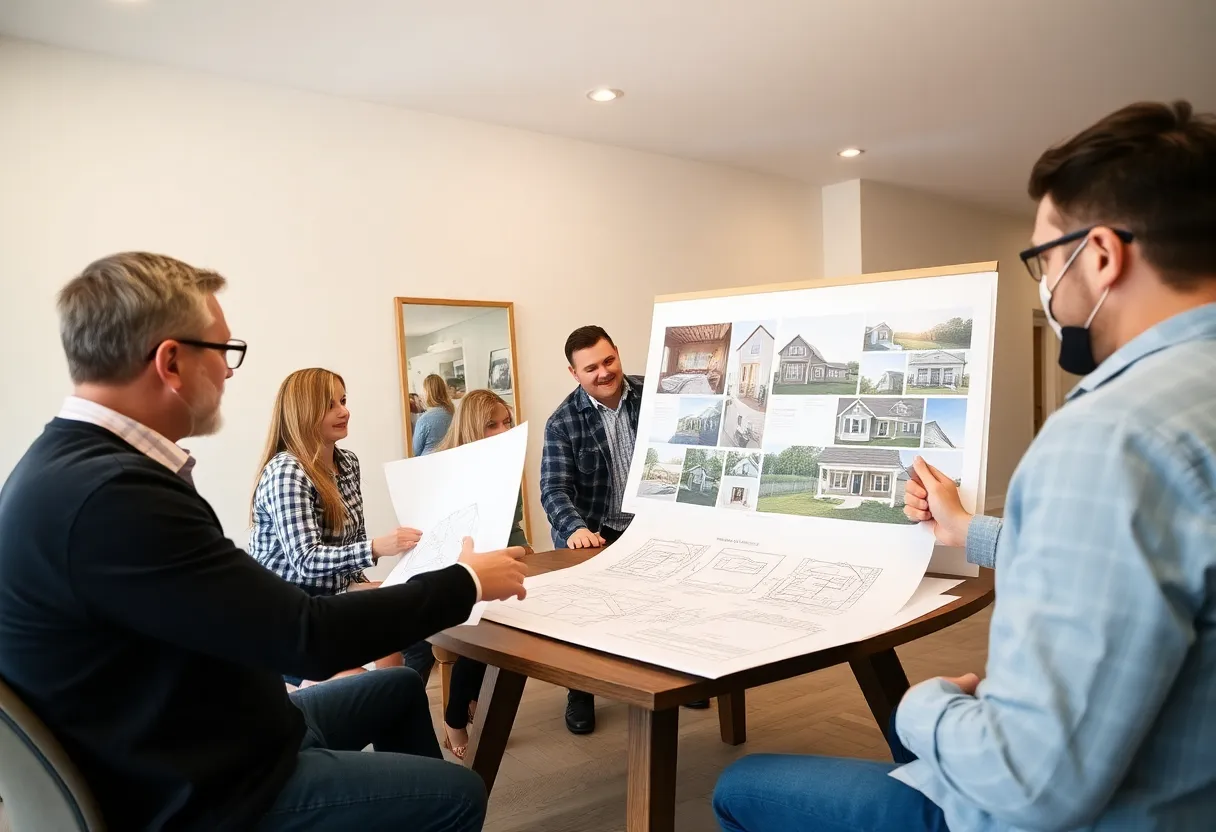 Homeowners discussing home building plans with contractors in Indianapolis.
