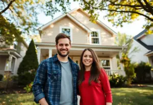 Young couple in front of their new home in Indianapolis
