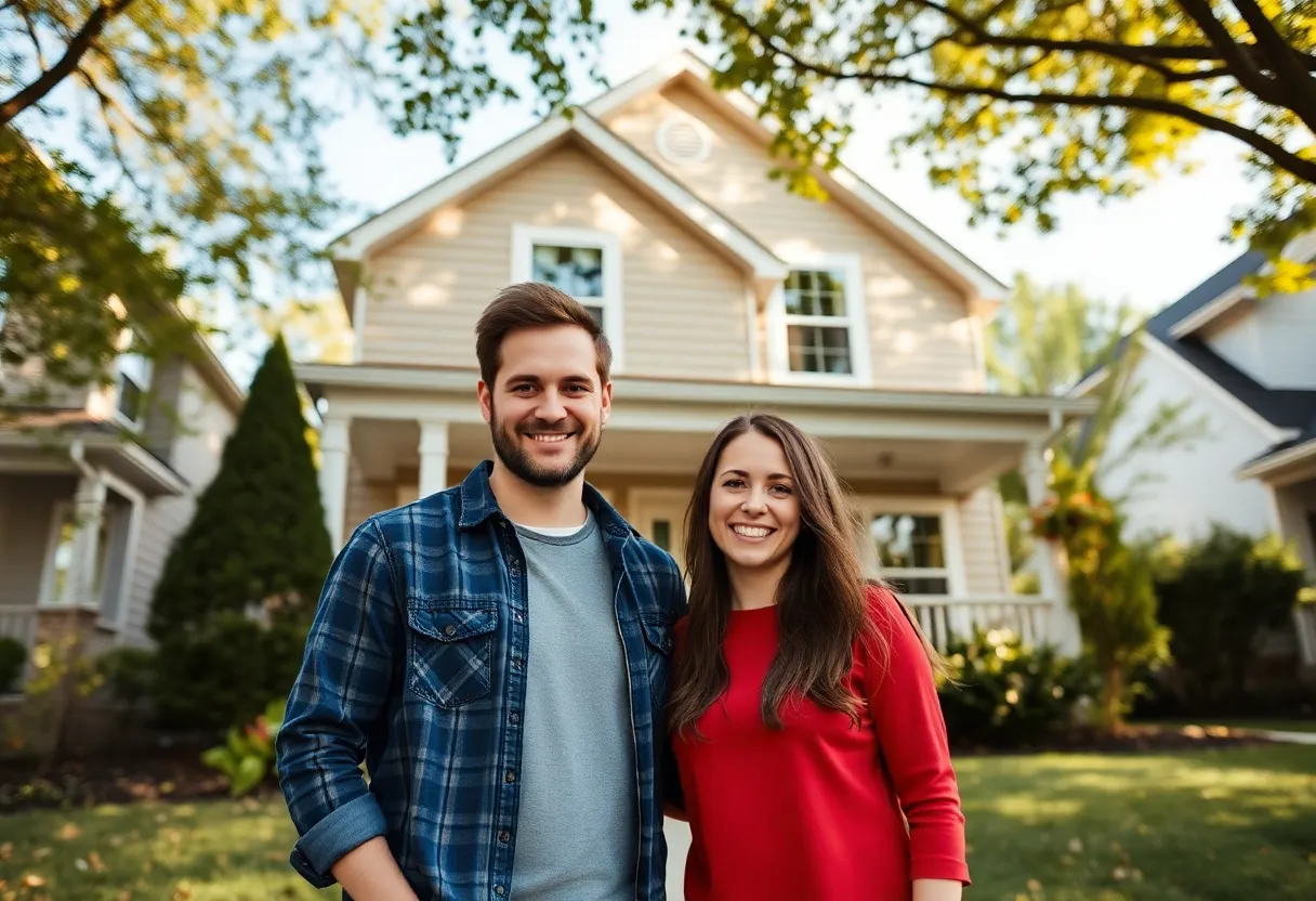 Young couple in front of their new home in Indianapolis