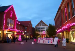 Community tribute scene with pink lights and support messages.
