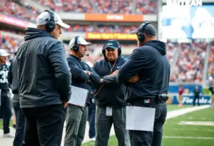 Coaches discussing strategies on the football field during a championship game.