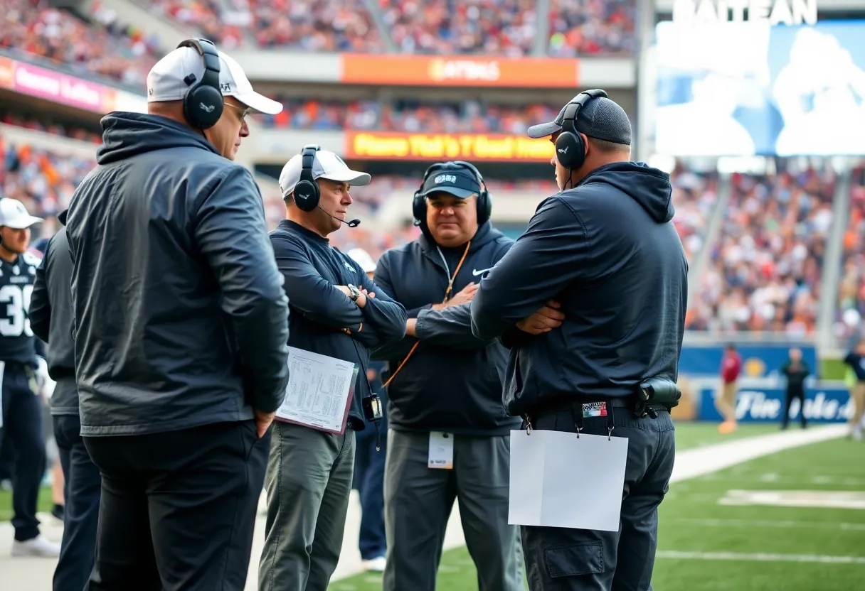 Coaches discussing strategies on the football field during a championship game.