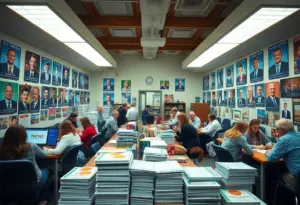 Volunteers engaging in fundraising activities for political campaigns in Indiana.