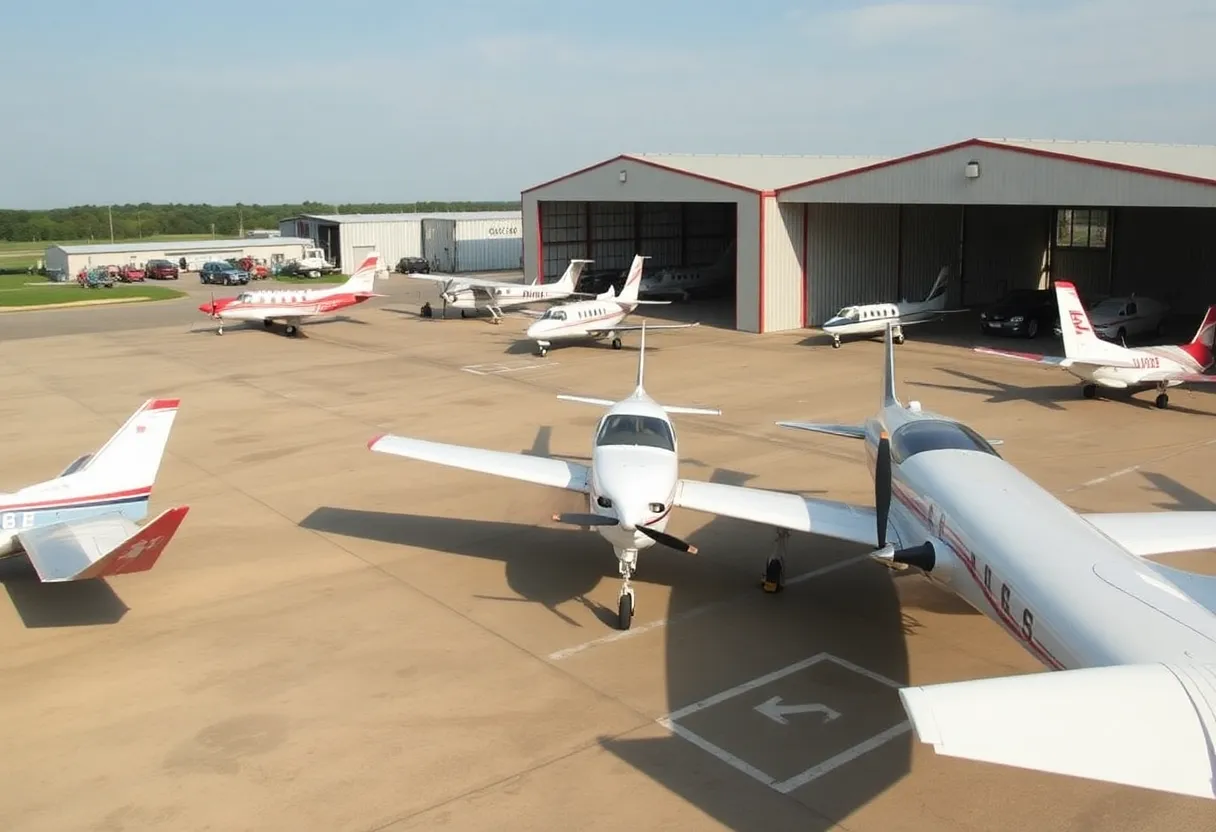 A small airport in Indiana showing aircraft and limited hangar space