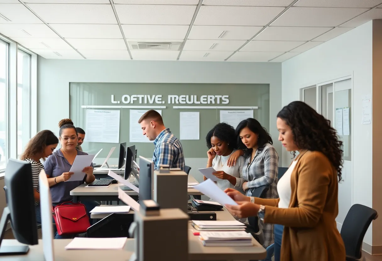 Interior view of an Indiana BMV office with people at the service desks.
