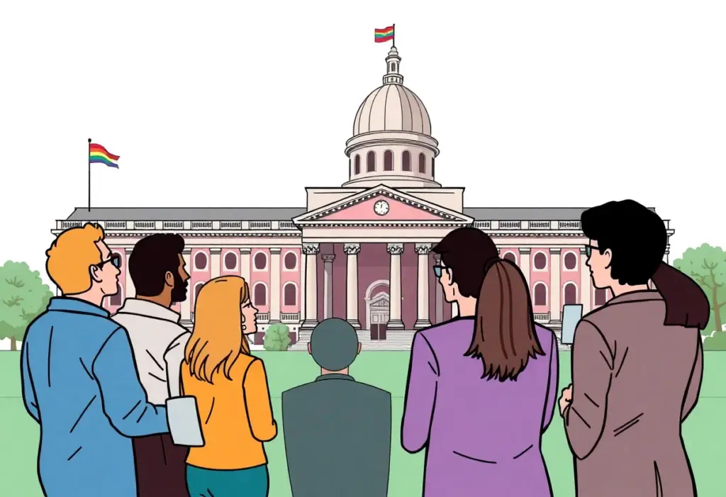 Community members discussing gender bill at the Indiana Statehouse