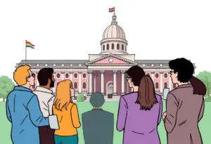 Community members discussing gender bill at the Indiana Statehouse