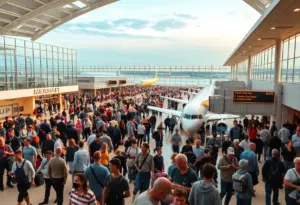Crowded Indianapolis International Airport terminal with passengers