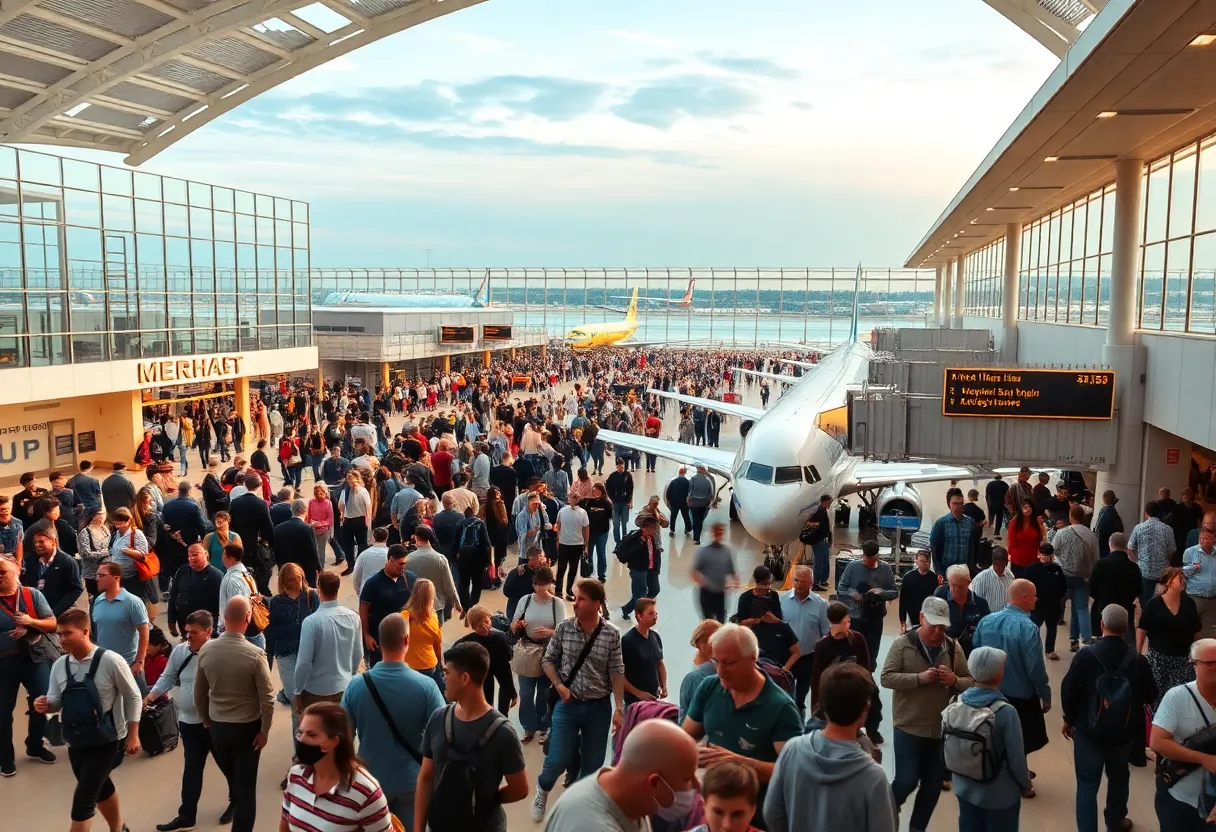 Crowded Indianapolis International Airport terminal with passengers
