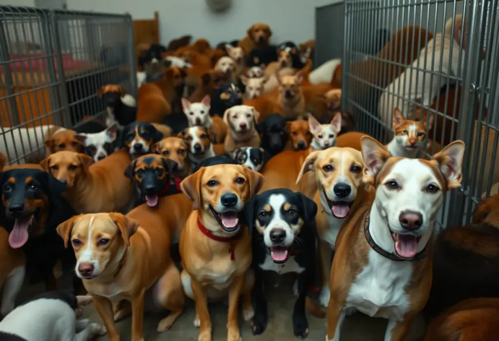 An overcrowded animal shelter in Indianapolis with pets waiting for adoption.