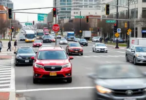Traffic at an intersection in Indianapolis, illustrating pedestrian safety issues.