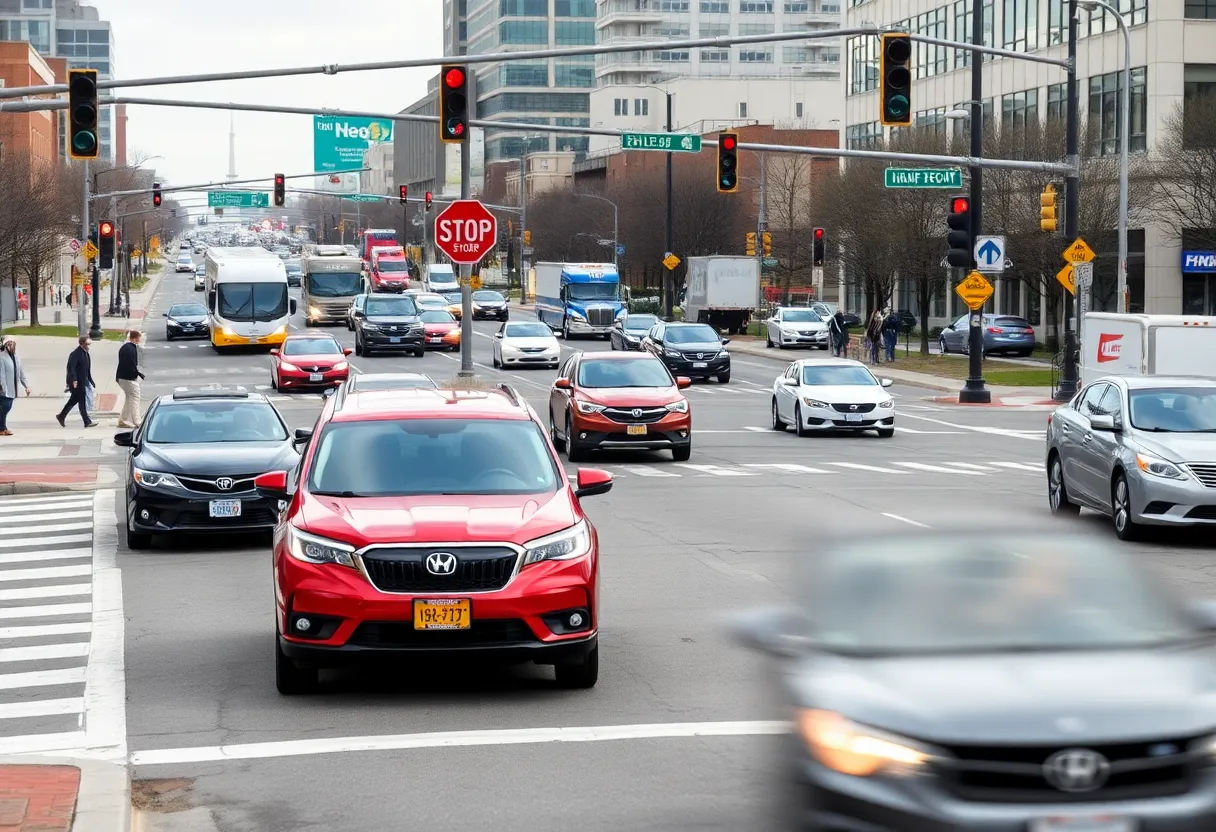 Traffic at an intersection in Indianapolis, illustrating pedestrian safety issues.