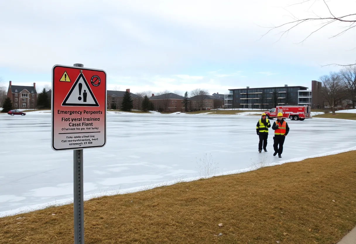 Emergency responders at Holcomb Gardens Pond during an ice rescue operation.