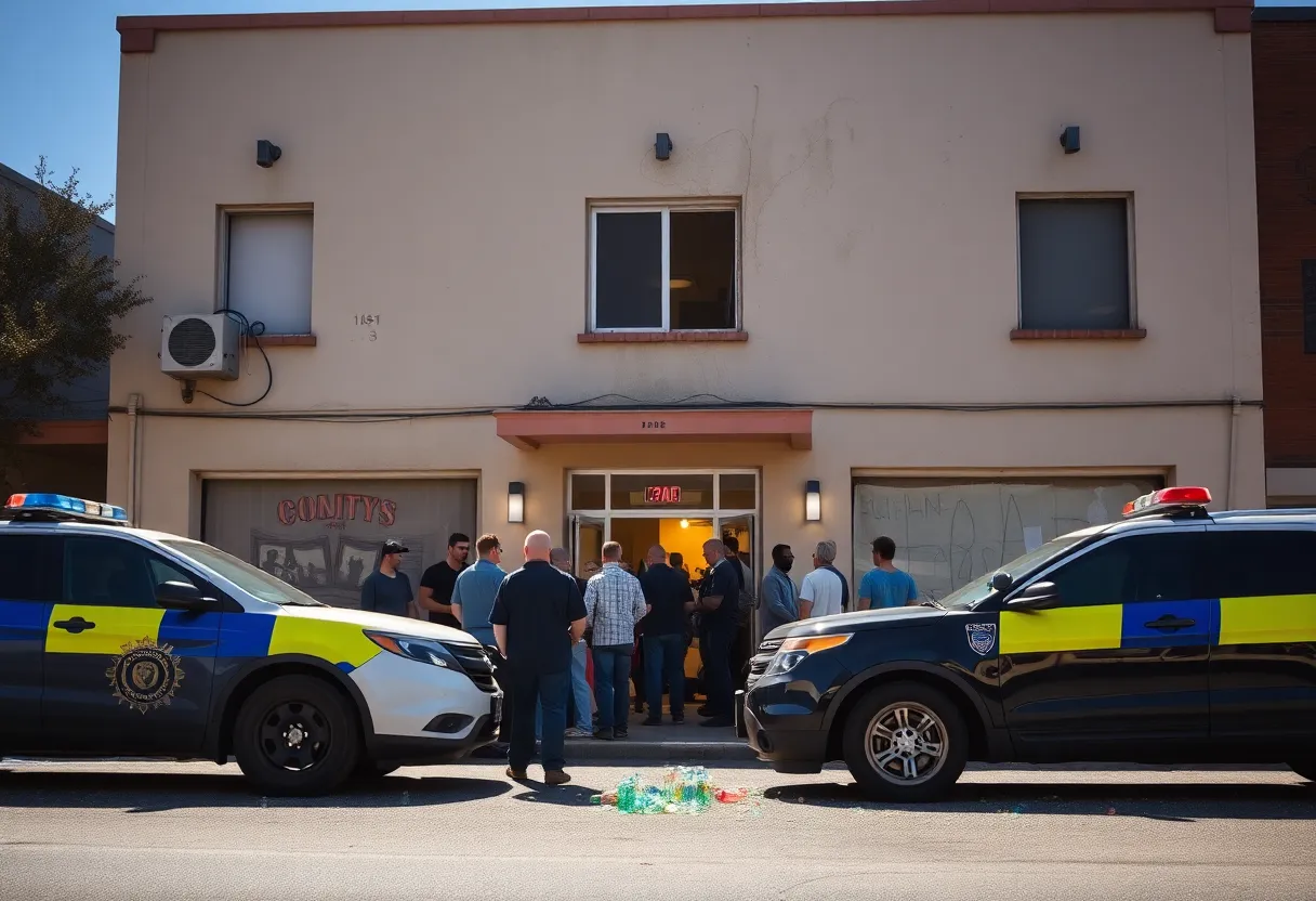 Police cars at a vacant building where an illegal after-hours party was held.