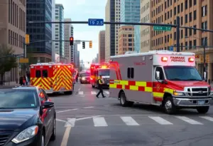 Emergency vehicles at an Indianapolis intersection after a pedestrian collision