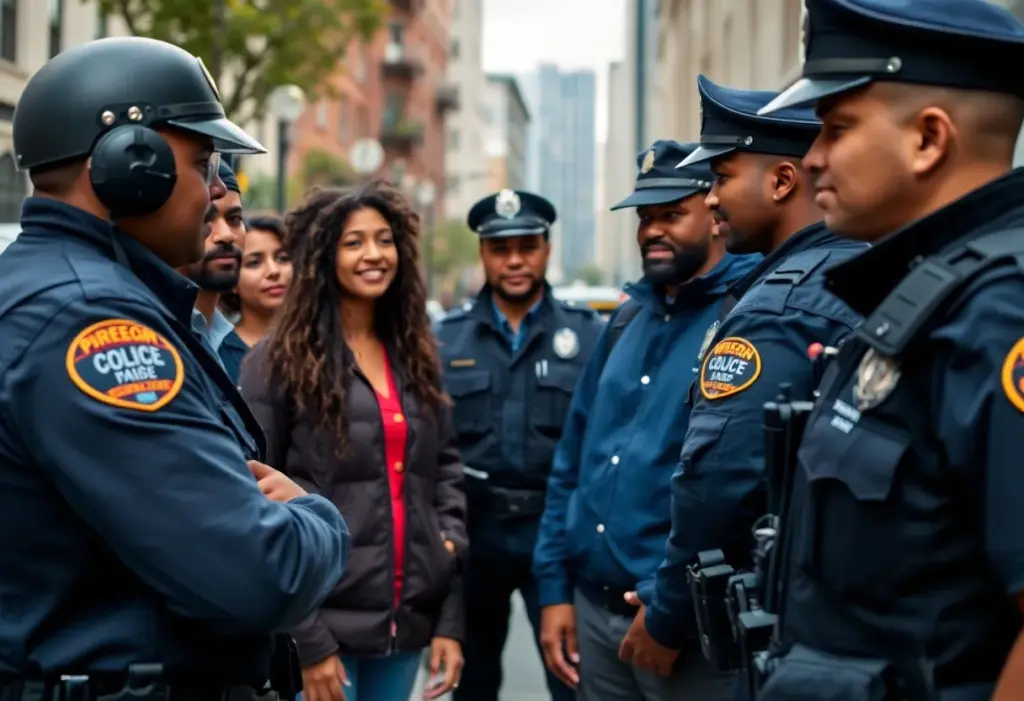 A scene depicting police officers interacting with community members in Indianapolis.