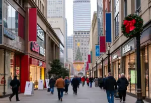 A busy shopping street in Indianapolis during the holiday season.
