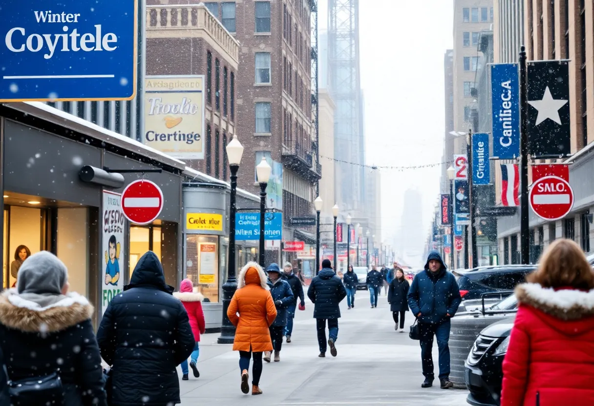 Light snowfall covering streets in Indianapolis with people in winter clothing.