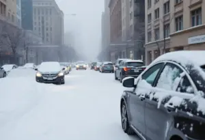 Snow-covered streets in Indianapolis during a snowstorm