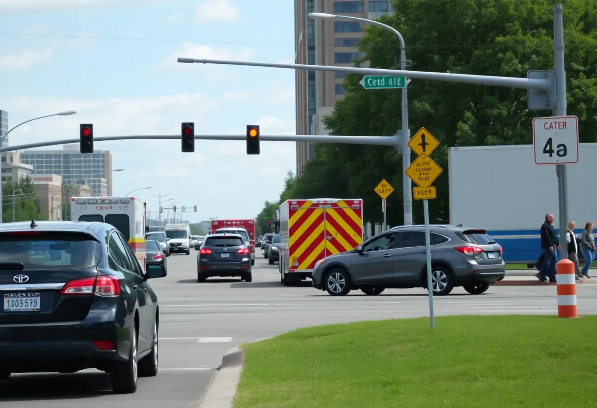 Two vehicles involved in an accident at a busy intersection in Indianapolis with emergency responders present.