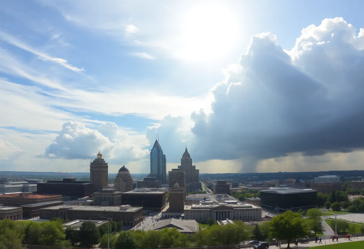 Panoramic view of Indianapolis exhibiting various weather conditions.