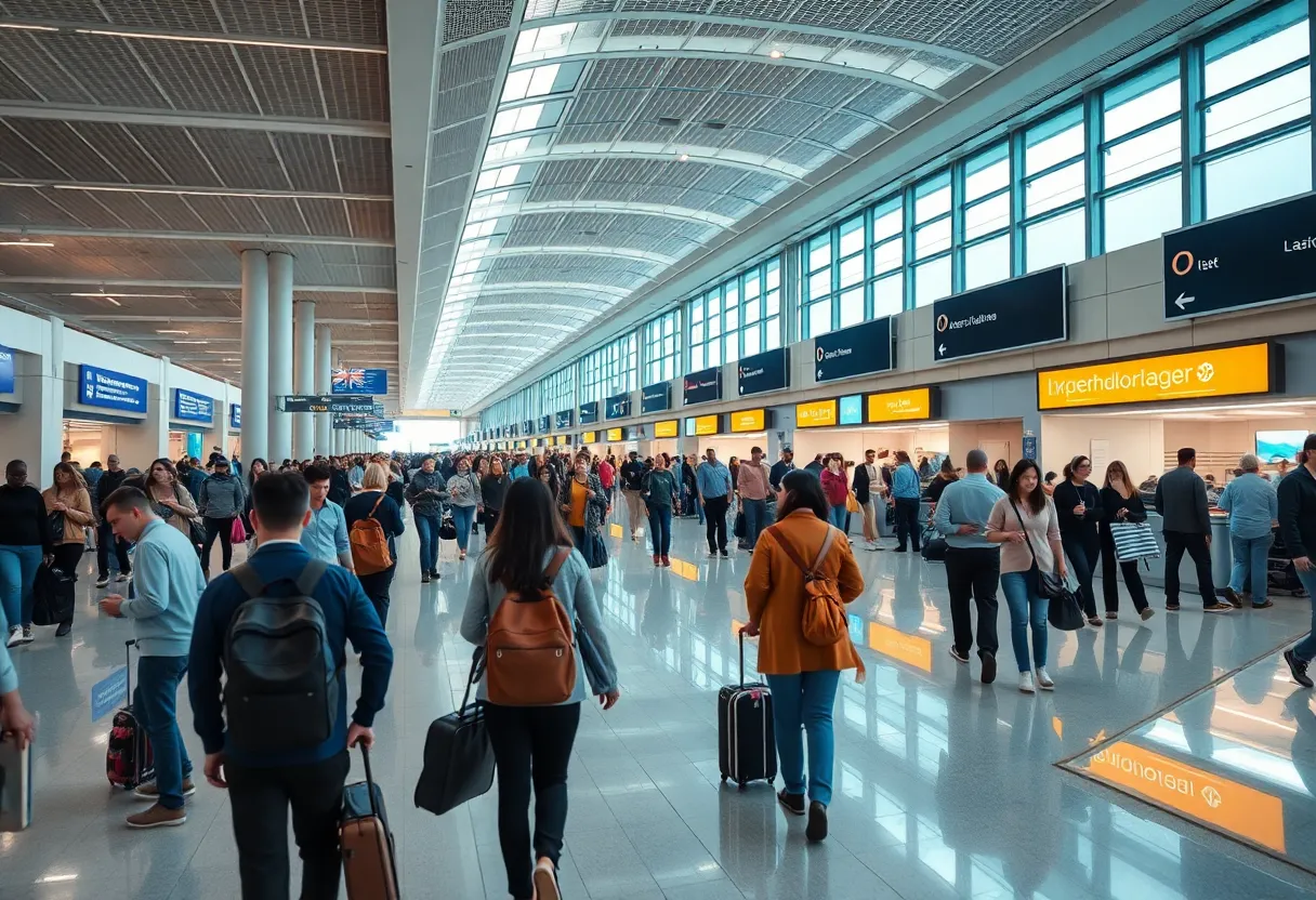 Busy Indianapolis Airport terminal filled with passengers