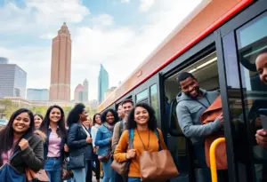 Diverse group boarding a city bus in Indianapolis