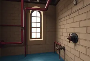 Illustration of a fire safety system designed by Alanson Crane