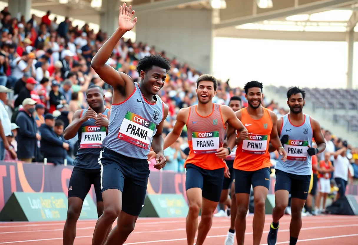 IU Indianapolis men's track team celebrates after record-breaking performances at the Meyo Invitational.
