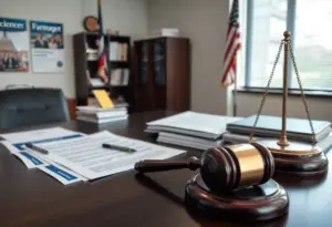 Visual representation of a political campaign investigation with legal documents.