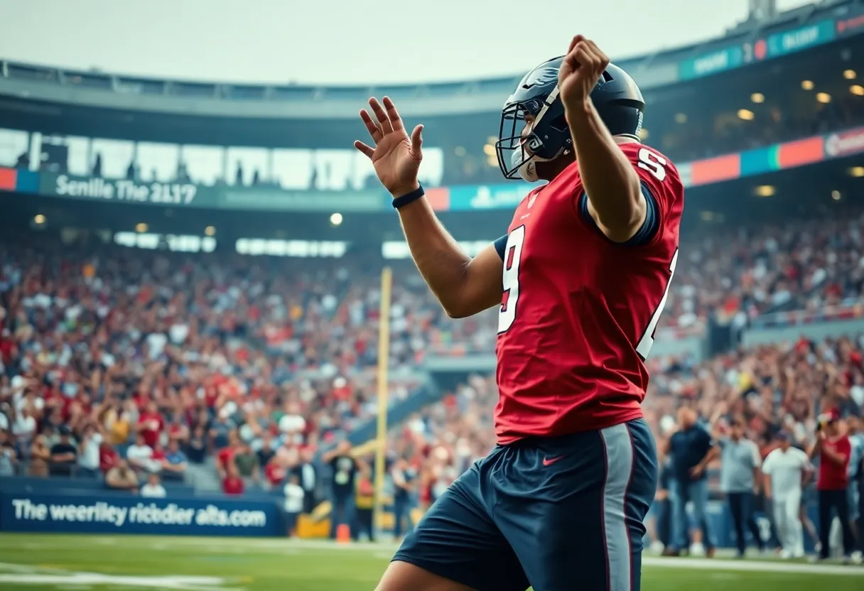 A football player celebrating in a stadium with fans cheering.