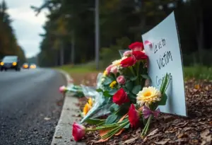 Roadside memorial for a car accident victim with flowers and candles