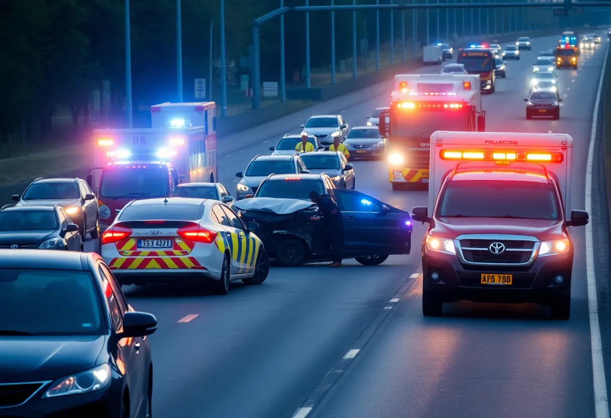 Scene of a multi-vehicle accident on Pendleton Pike with emergency crews responding.