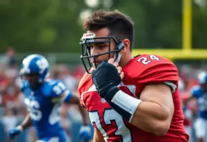 Nik Bonitto playing football with a protective wrist cast.