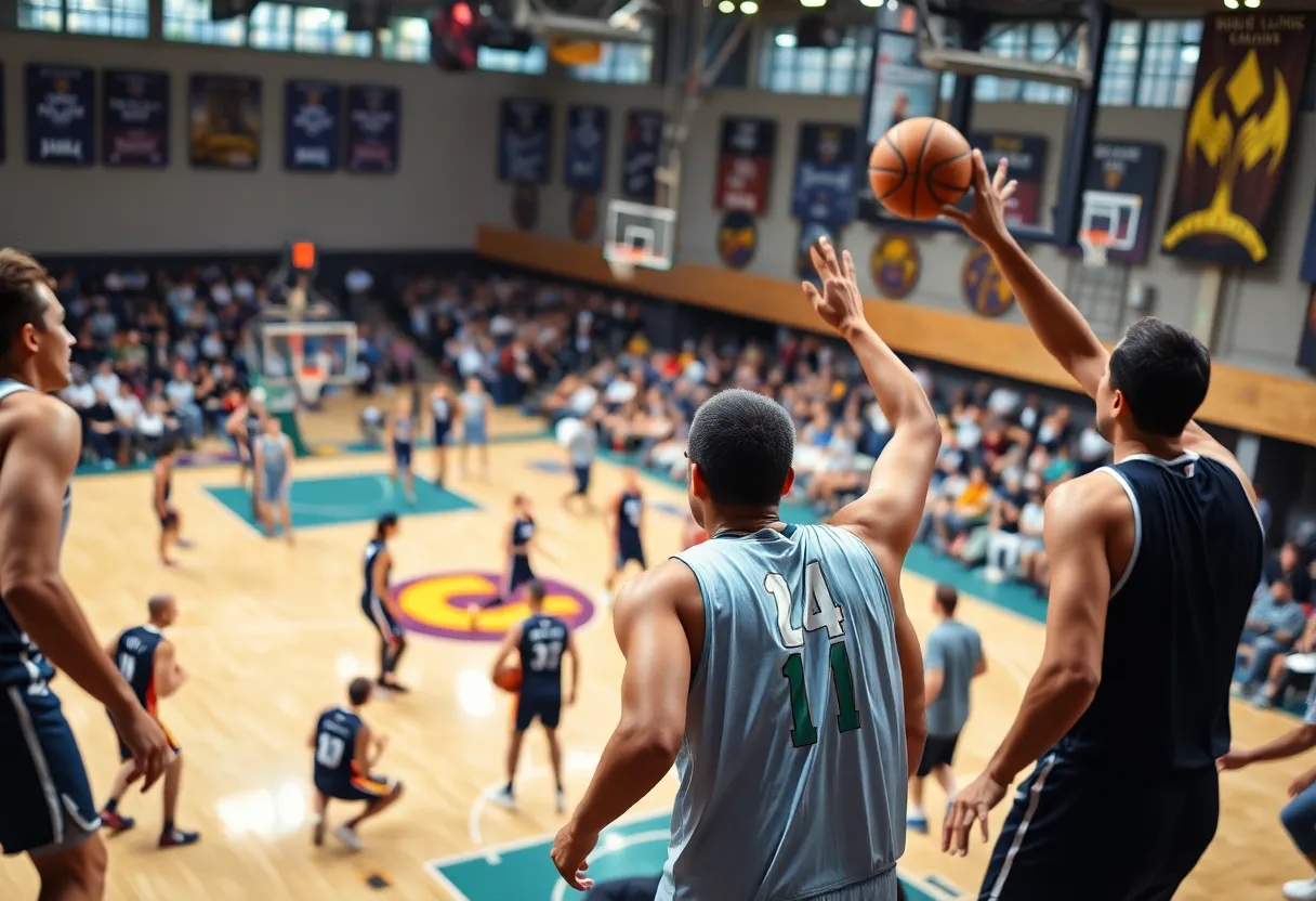 Basketball players in action during a game with focus on teamwork and strategy.