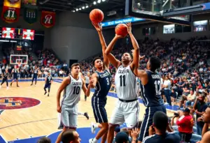 Basketball players in action during an NBA game