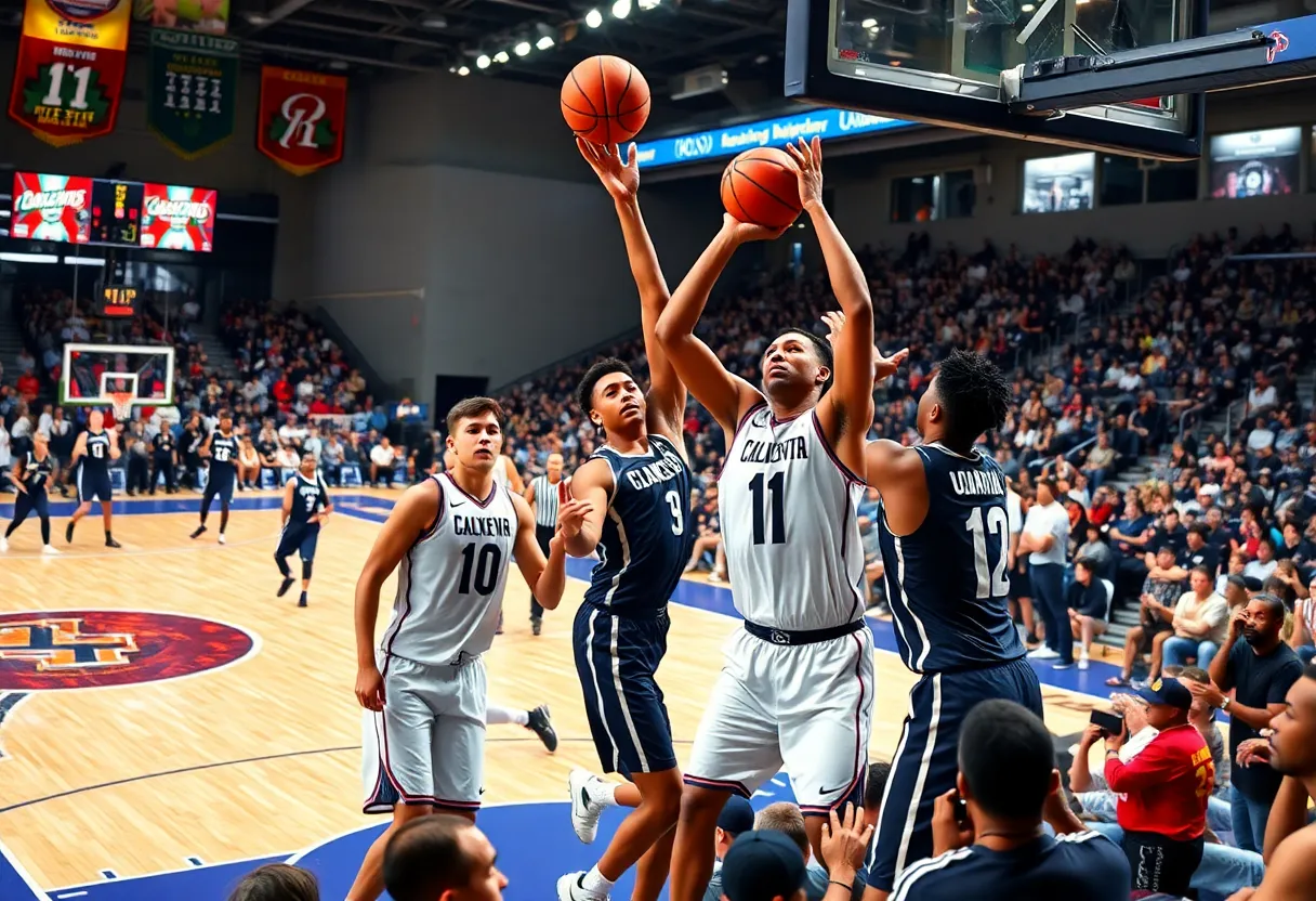 Basketball players in action during an NBA game