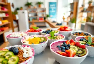 A selection of superfruit bowls from Playa Bowls with fresh toppings.