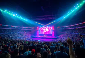 A lively concert at Lucas Oil Stadium featuring musicians on stage with an engaged audience.
