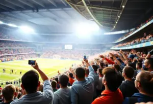 Puka Nacua performing on the field surrounded by cheering fans