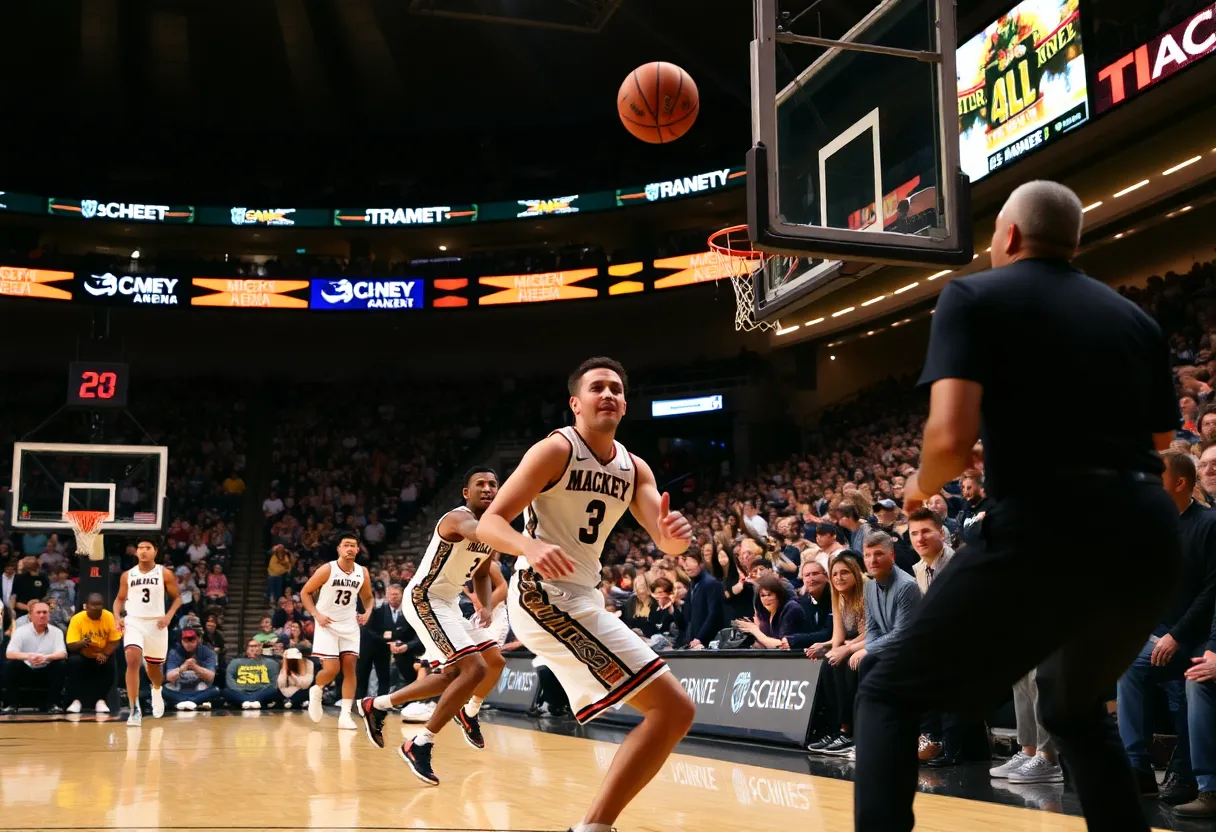 Players from Purdue and Oregon competing during a basketball game at Mackey Arena.
