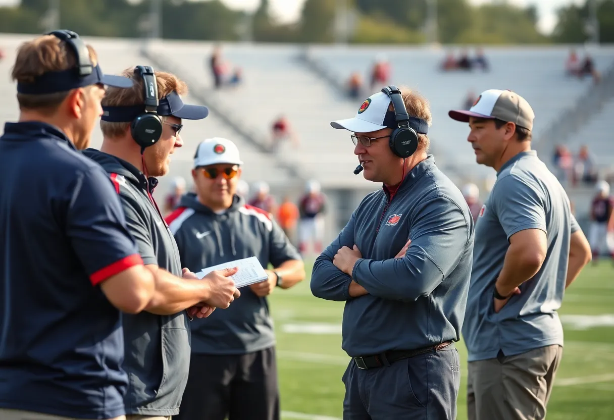 A dynamic football coaching staff brainstorming strategies.