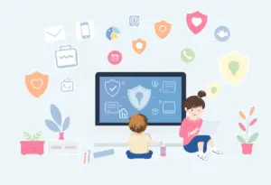 Illustration of a safe online environment for children interacting with social media.